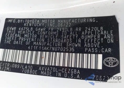 2022 Toyota Camry Xle from USA, damaged, VIN 4T1F11AK7NU702535